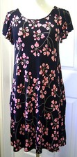 NEW Flowing Black Cherry Blossom Flutter Slv A-Line Summer Dress Side Pockets S