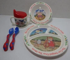 Vintage Selandia Mother Goose Rhymes Complete Dish Set Sippy Cup Plate Bowl S &F