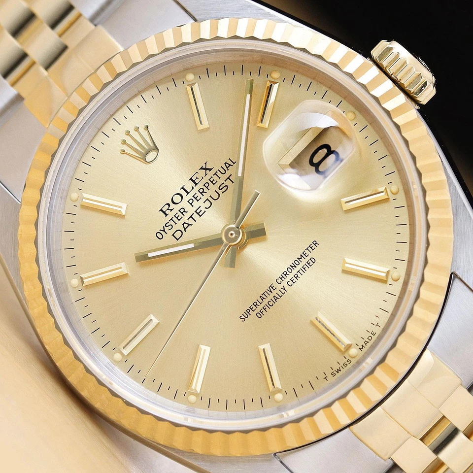 ROLEX MENS DATEJUST 16233 18K GOLD STAINLESS STEEL CHAMPAGNE DIAL TWO TONE WATCH