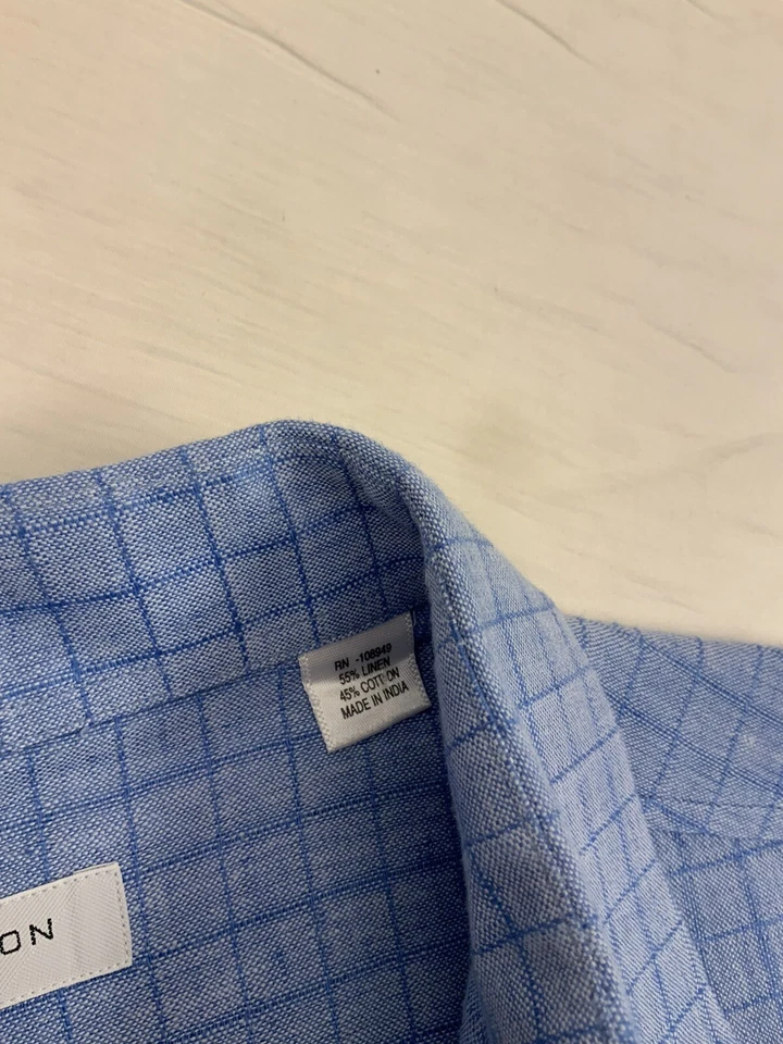 Camisa Oxford Alex Cannon M Azul Cuadros Lino Algodón India YGI N2-127 Foto 2 de 4