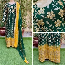 Pakistani Dark Green Long Maxi Style Embroidered Sequins Fancy Chiffon Dress,L