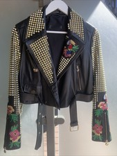 Women Designer Biker Leather Jacket Black Spikes Studs & Embroidered Punk Rock
