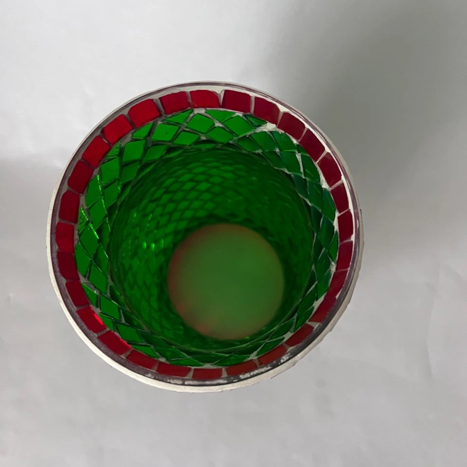 Christmas Stained Glass Candle Hurricane Red Green Mosaic 11" - Image 4 of 4