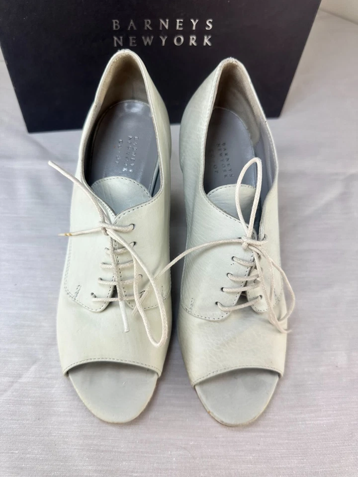 Collectible Barneys New York Off White Open Toe Lace Up Ankle Booties Size 37 - Image 2 of 4