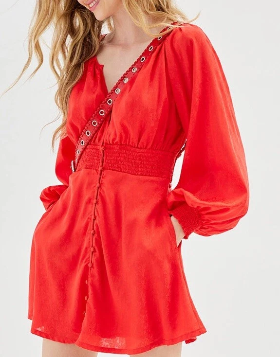 Mini Vestido Urban Outfitters Rebecca Manga Larga Rojo Cereza Talla Pequeña Foto 3 de 4