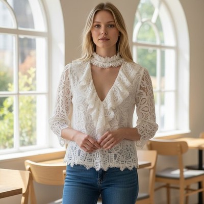 Alexis Victorian White Floral Lace Ruffle High Neck Blouse XS Western Goth Boho
