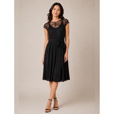 Ralph Lauren Black Midi Cocktail Dress with Sheer Embroidered Bodice
