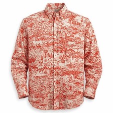 Vintage Men  s Button Up Shirt Large Red Toile Novelty Scenic Print Long Sleeve