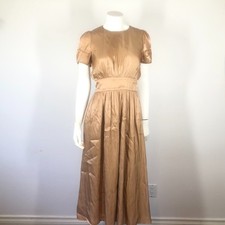 ZARA Satin Puff Sleeve Midi Dress Metallic Copper Gold Sz XS 4387/033/735