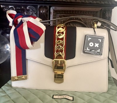 GUCCI Sylvie Shoulder Bag Leather Off-White with Gold Hardware CrossBody
