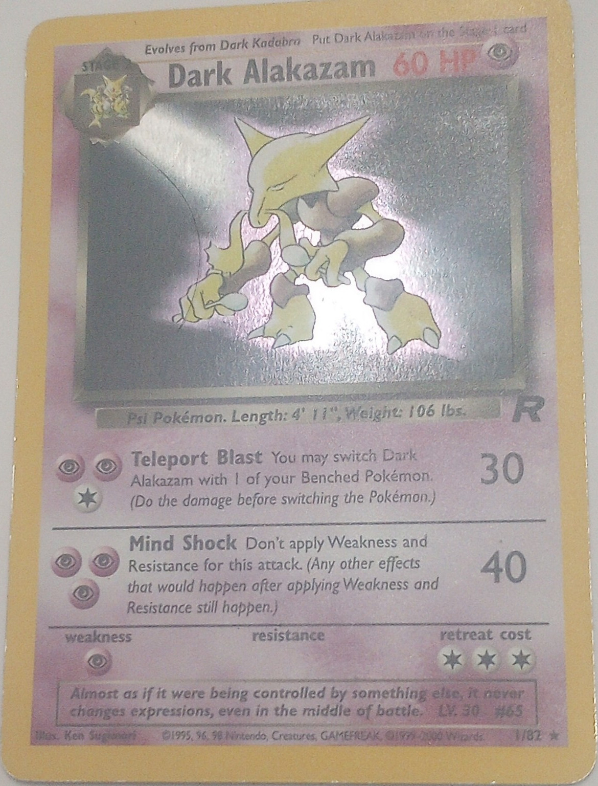 Pokémon Dark Alakazam Team Rocket 1/82 Holo Rare 60 HP Wizards 2000 TCG Card