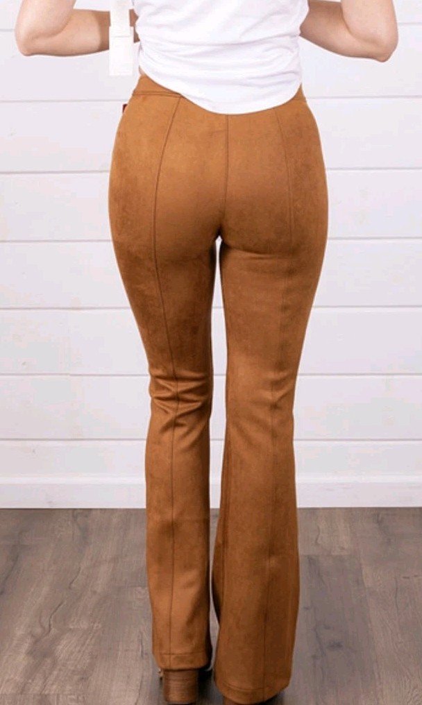 Spanx Womens Faux Suede Flare Pants Size M New Caramel Brown Pull On Stretch