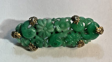 14k Gold Carved Floral Jade Pin