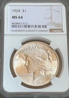 1924 Peace Silver Dollar PCGS MS64 Nice Clean Coin Free Shipping!