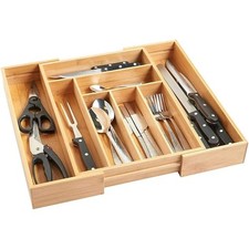 Wooden Bamboo Cutlery Tray,Kitchen Drawer Insert Large 6-8 Compartments, Utensil