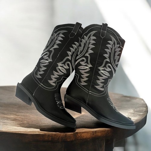 ASOS Black Western Cowboy Boots White Stitching Calf High Wide Fit Size 8W New - Picture 8 of 16