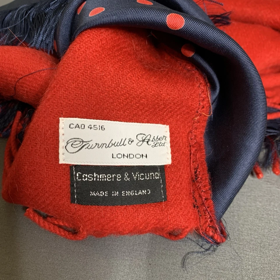 Шарф Turnbull & Asser мужской кашемир Vicuna красный и синий/точечная бахрома Англия - Изображение 3 из 4