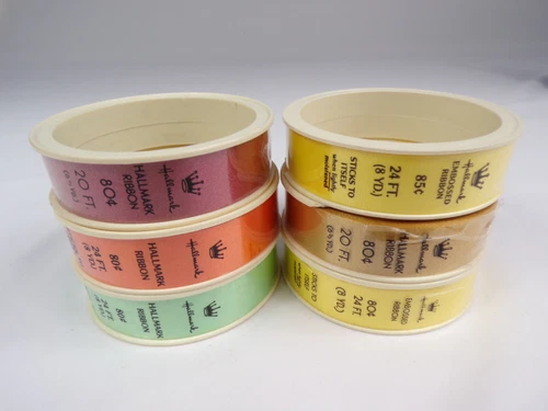 6 NEW Vintage Hallmark Ribbon Spools 2ea Yellow Embossed,Lime Rust,Gold Rust L24