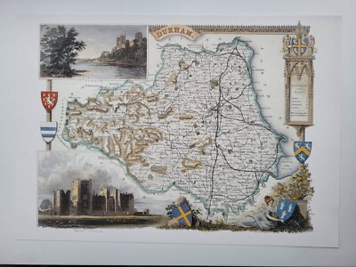 Alter Vintage Kartendruck von Durham Reproduktion