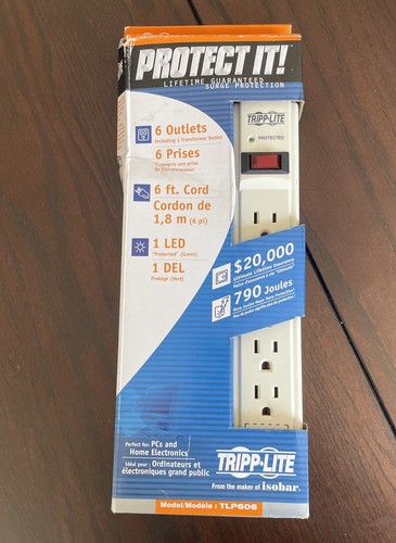Tripp Lite Surge Protector Strip 6 Outlet, 6ft Cord & 1 LED Model TLP606