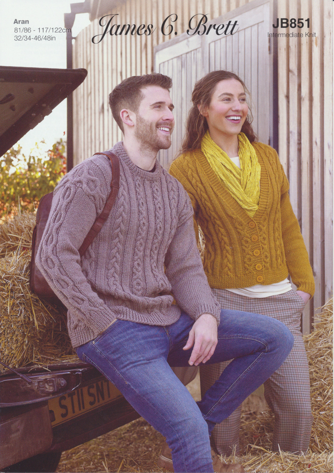 James Brett Aran Knitting Pattern Cable Knit Ladies Cardigan Mens Sweater JB851