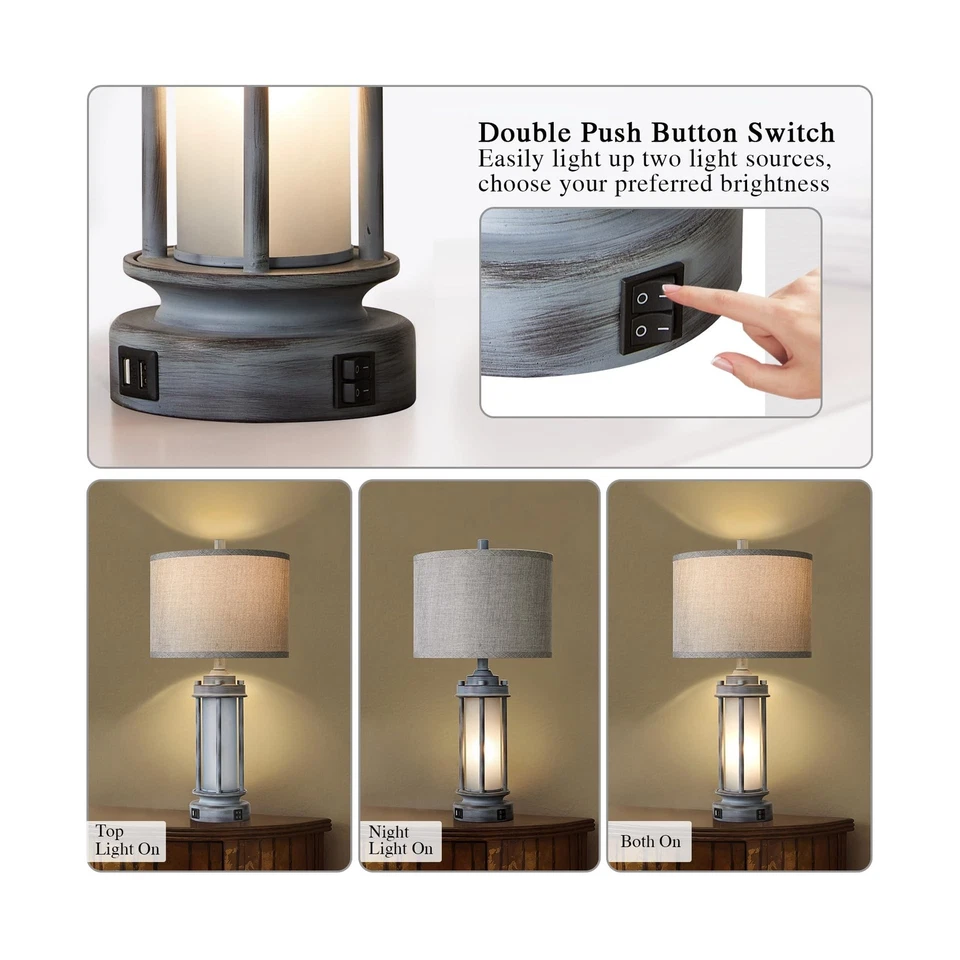 Set of 2 Rustic Table Lamps for Living Room, Farmhouse Vintage Nightstand Lam... - Image 3 of 4