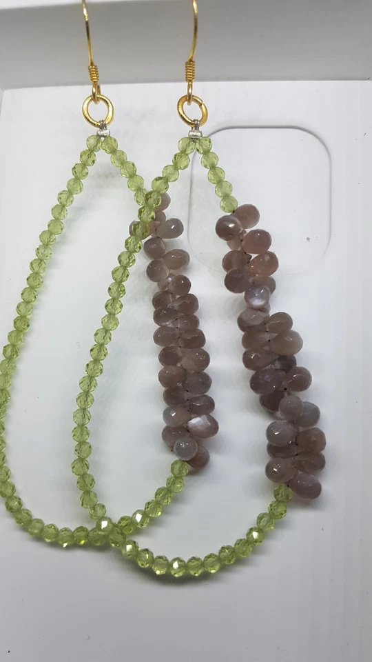 Pietra di luna e peridoto gemma in argento sterling 925 orecchino gioiello re... - Immagine 2 di 4