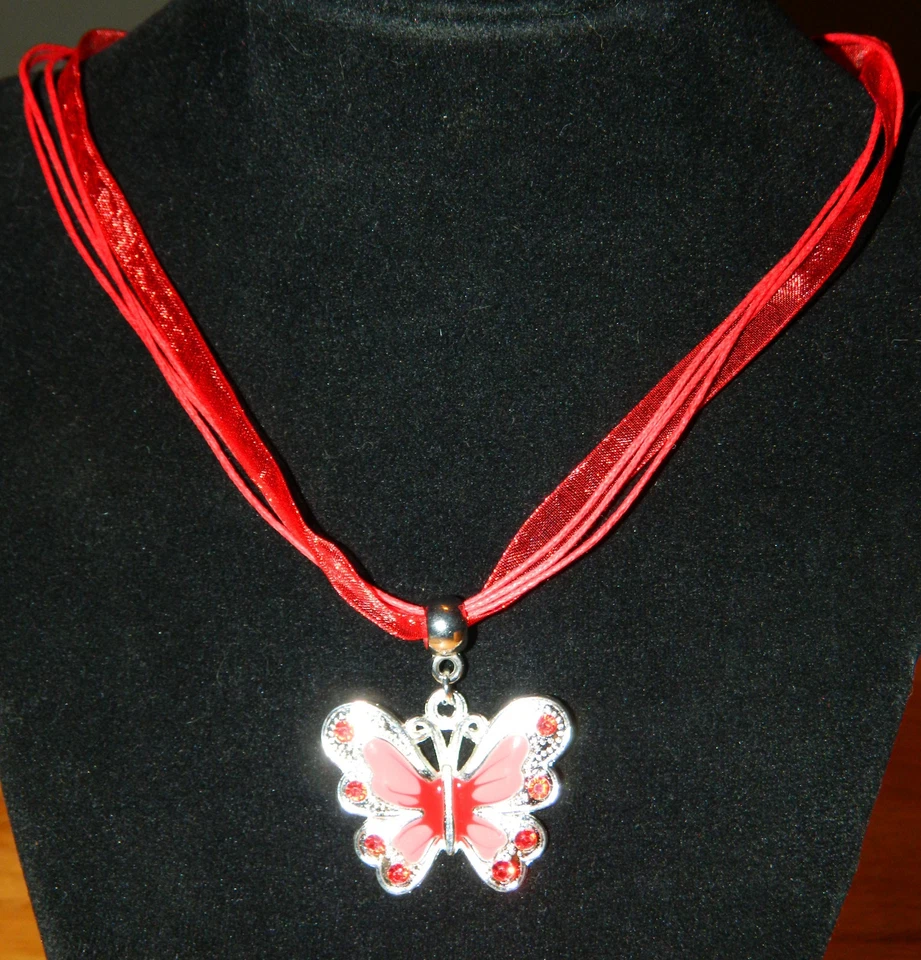 Collar Cinta Organza: Colgante Mariposa Esmalte Rojo Cristal Plata 17" Foto 4 de 4