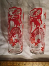 Vintage Pair of TALL High-Ball Glasses each with RED Wrap-Around Dragon!