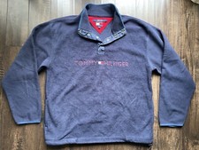 Vintage 1999 Tommy Hilfiger Fleece Pullover Spellout Quarter Button Snap Navy L