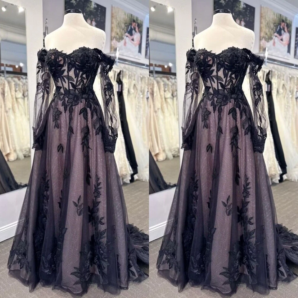 Gothic Black Wedding Dresses Lace Applique Detachable Sleeve A Line Bridal Gowns - Image 2 of 4