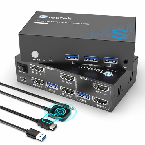USB 3.0 HDMI KVM Switch 2 Monitors 2 Computers 4K@60Hz KVM Switches for 2 Com...