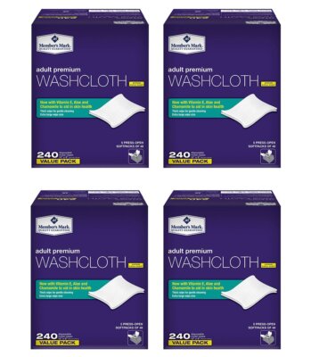 Members Mark Adult WfQSd Washcloth Disposable Moist Wipes 12'' x 8'', 240 Count (4