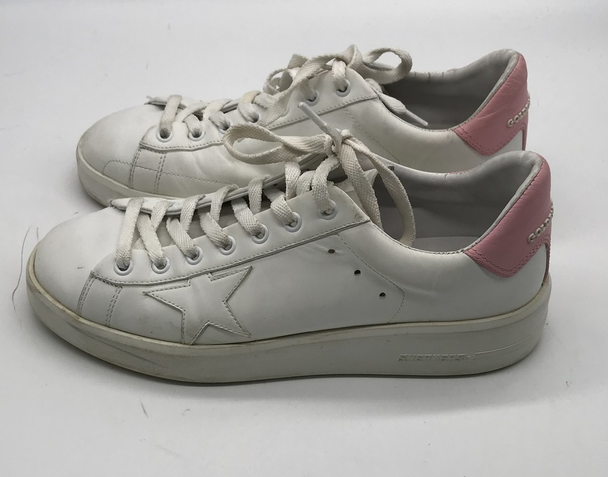 Golden Goose white leather purestar lace up pink heel tab