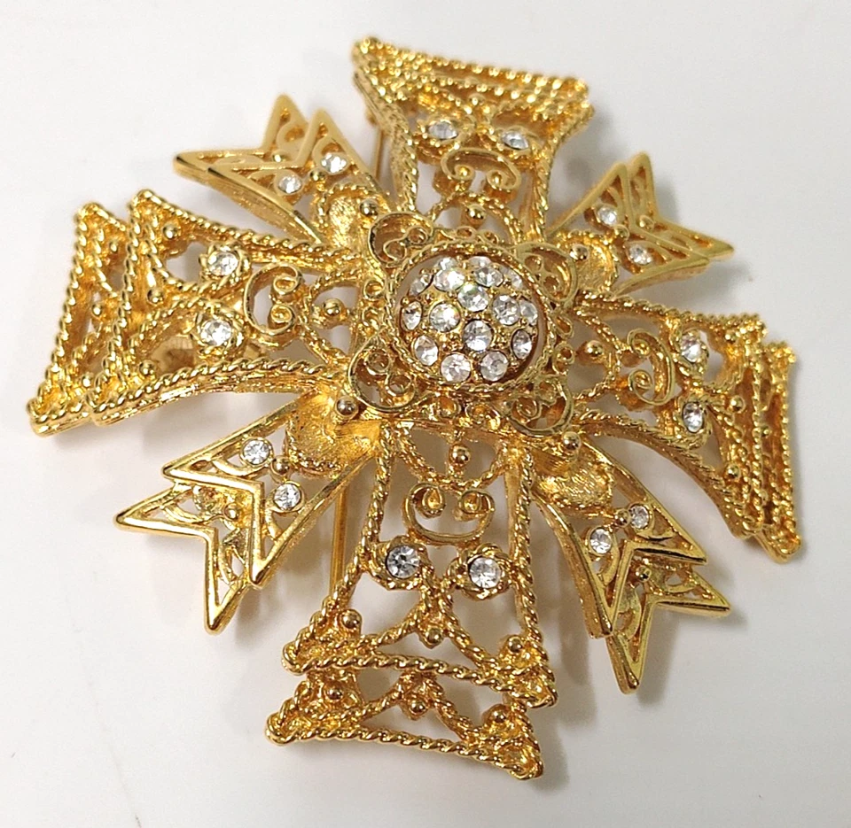 FIRMADO BROCHE COLGANTE CRUZ MALTESA TONO DORADO KENNETH JAY LANE con CENTRO GIRATORIO Foto 4 de 4