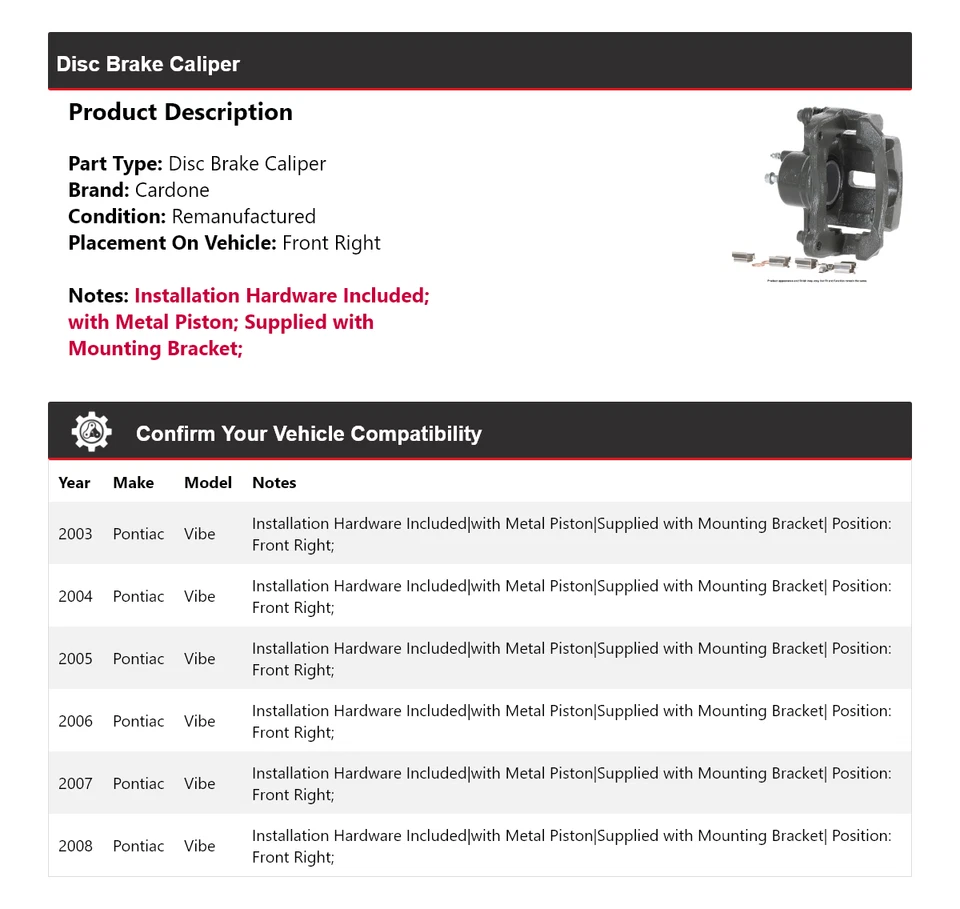 Pinza de freno de disco delantera derecha Cardone 2004 2005 2006 para Pontiac Vibe 2003-2008 Foto 2 de 4