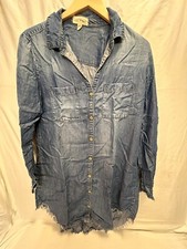 Cloth & Stone Womens Medium Blue Chambray Button Down Dress Distressed Raw Hem