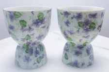 2 Vintage Lefton Purple Violet Chintz Double Egg Cups Gold Trim