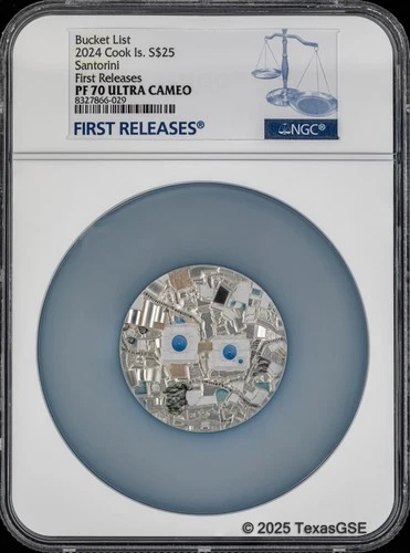 2024 Cook Islands 5oz Silver $25 Bucket List - Santorini NGC PF70 First Release