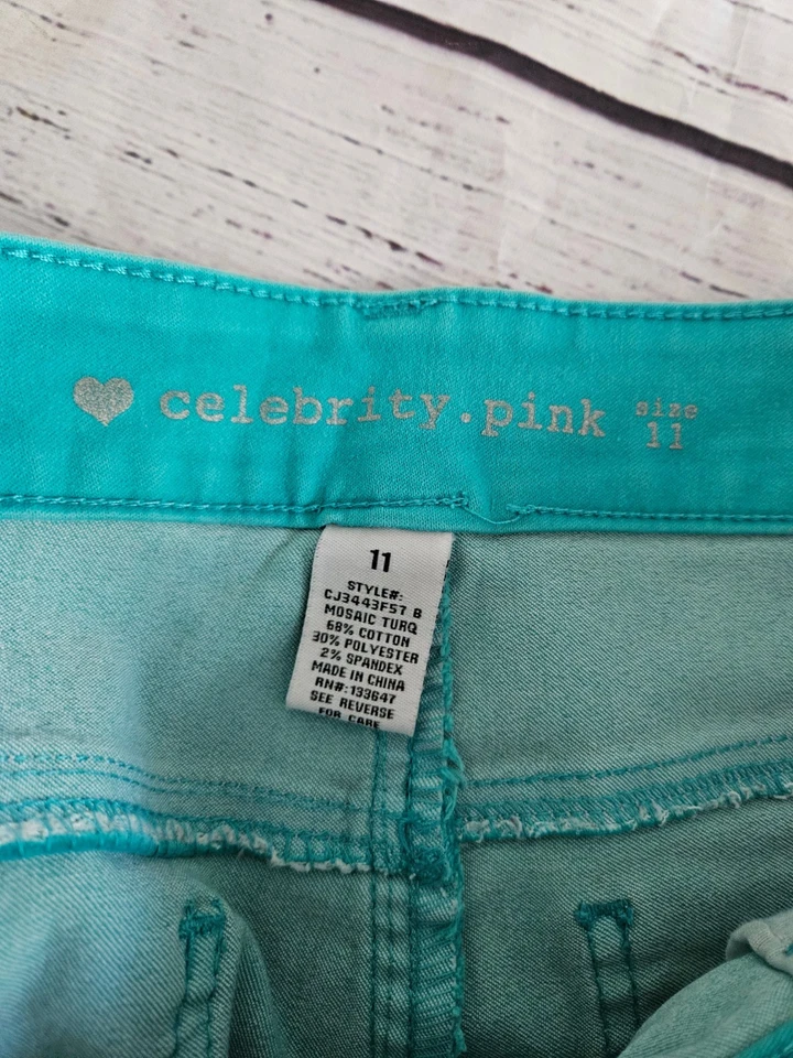 Pantalones cortos de mezclilla para mujer Celebrity rosa verde azulado con puños talla 11 mosaico turquesa Foto 3 de 4