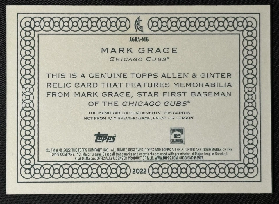 2022 Topps Allen & Ginter Relics Bat Patch Mark Grace AGRA-MG Cubs - Image 2 of 2