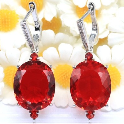 Buy 3 Get 1 Free Princess Cut Created Blood Rubies CZ Gift Women Silver Earrings