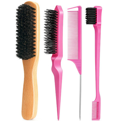 Boar Bristle Slick Back Hair Brush for Smooth Flyaways, Frizz, Sleek Ponytail, B