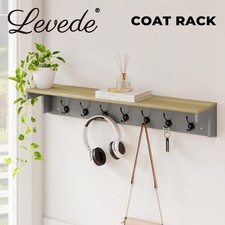 Levede Coat Rack Wall Mounted 7 Double Hooks Wood Entryway Hallway Storage Shelf