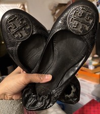 $250 Tory Birch Reva Ballet Flats with Glitter Logo Sz 7.5 Patent Leather Black