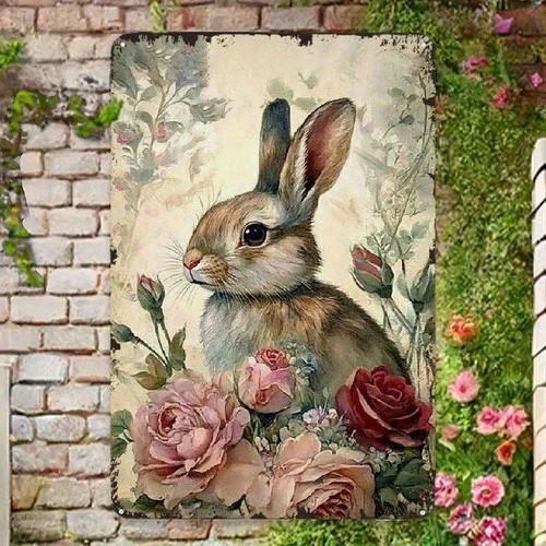 Happy Easter Vintage Bunny Tin Metal Signs Home Décor 8x12 Rustic, Waterproof Wa