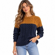 L.L. Bean Signature Womens Sweater Cable Knit Cotton Blue Yellow Sz S
