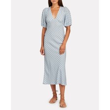 RIXO Blue White Checkered Steph Crepe Tie Back Puff Sleeves Midi Dress Size 10