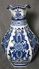 Blue  White Chinoiserie Floral Vase - 10" tall 6-sided Ruffled Rim Porcelain