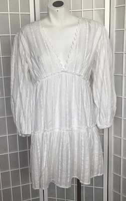 Babydoll White Stripes/Silver Thread Tiered V-Neck Dress M Tassel Tie Coastal